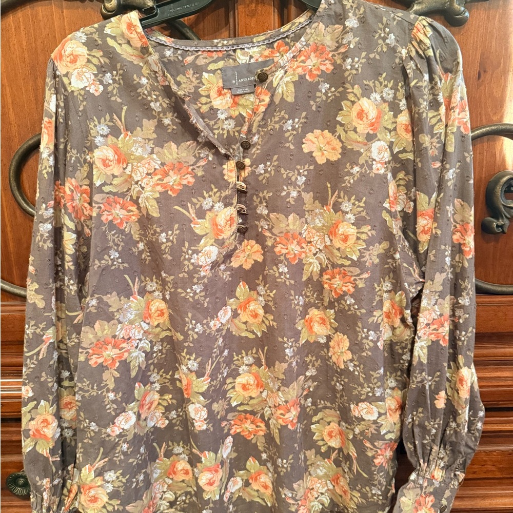 Anthropologie Floral Blouse in Stone Brown/Gray and Orange/Peach SP